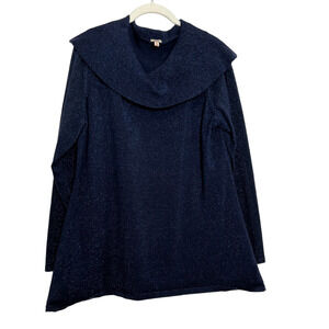 Reba Womens Cowl Neck Sweater XL Sparkly Blue Long Sleeve Cotton Blend Metallic